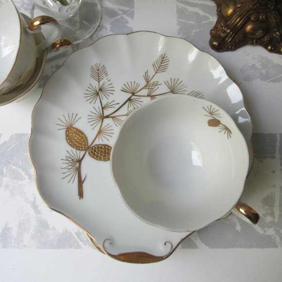 Fine Porcelain 3 Pairs Mug & Saucer Golden Pine, Japan - Picture 9 of 16